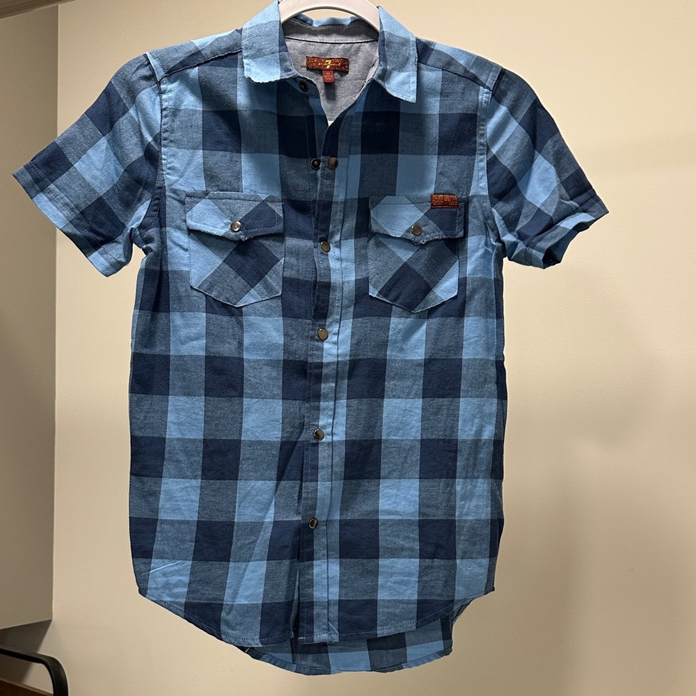 7 For All Mankind Navy and Light Blue Checkered Shirt